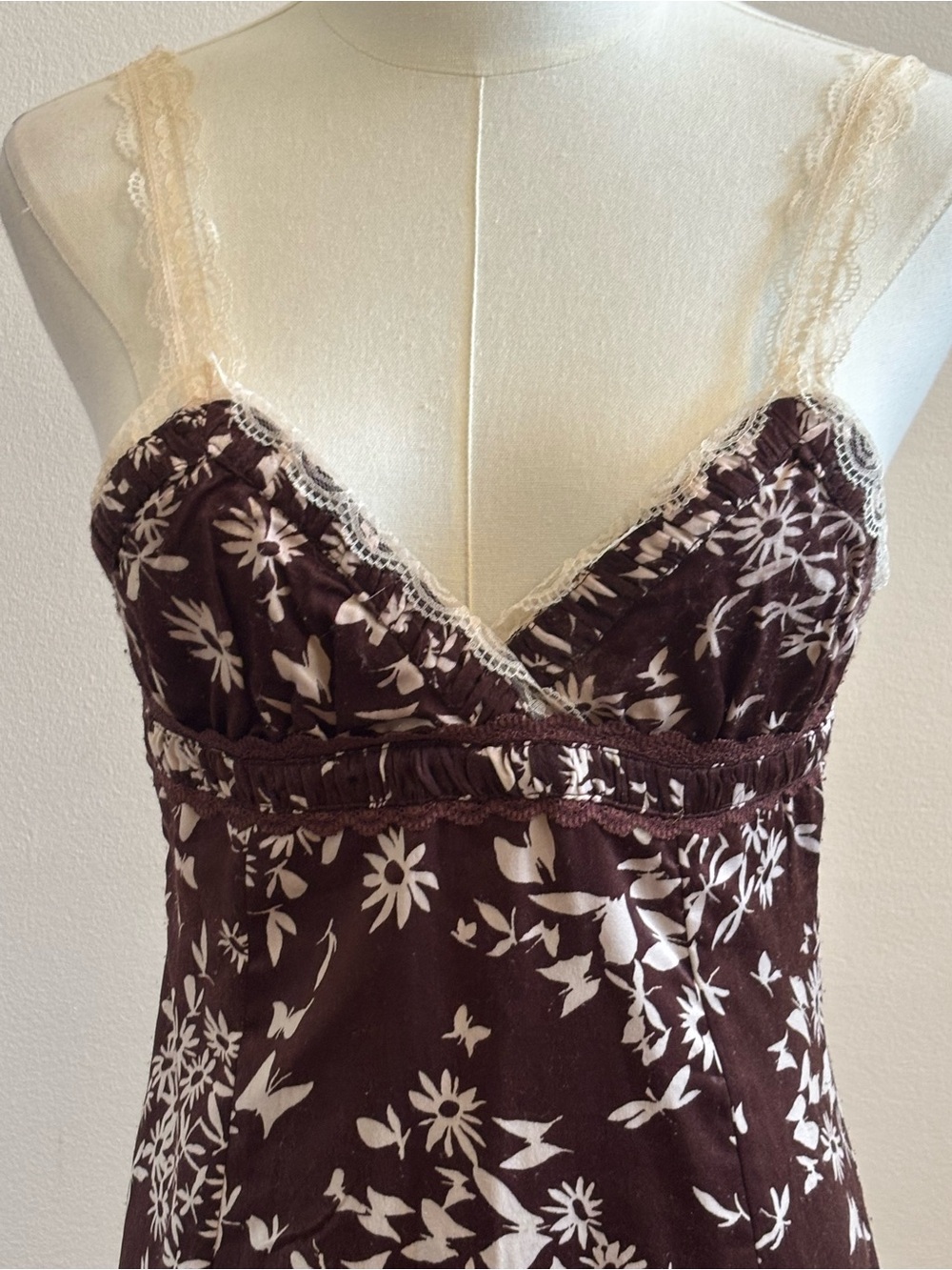 Urban Outfitters NWT Brown Floral Lace Trim Slip Mini Dress Small Cottagecore - Picture 3 of 9